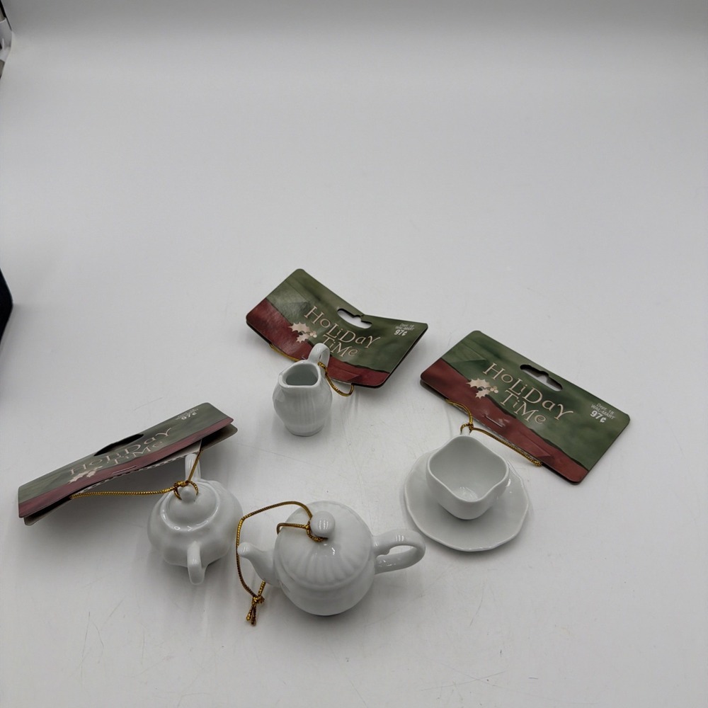 Vintage White Porcelain 4 Piece Miniature Tea Set Ornaments Holiday Time